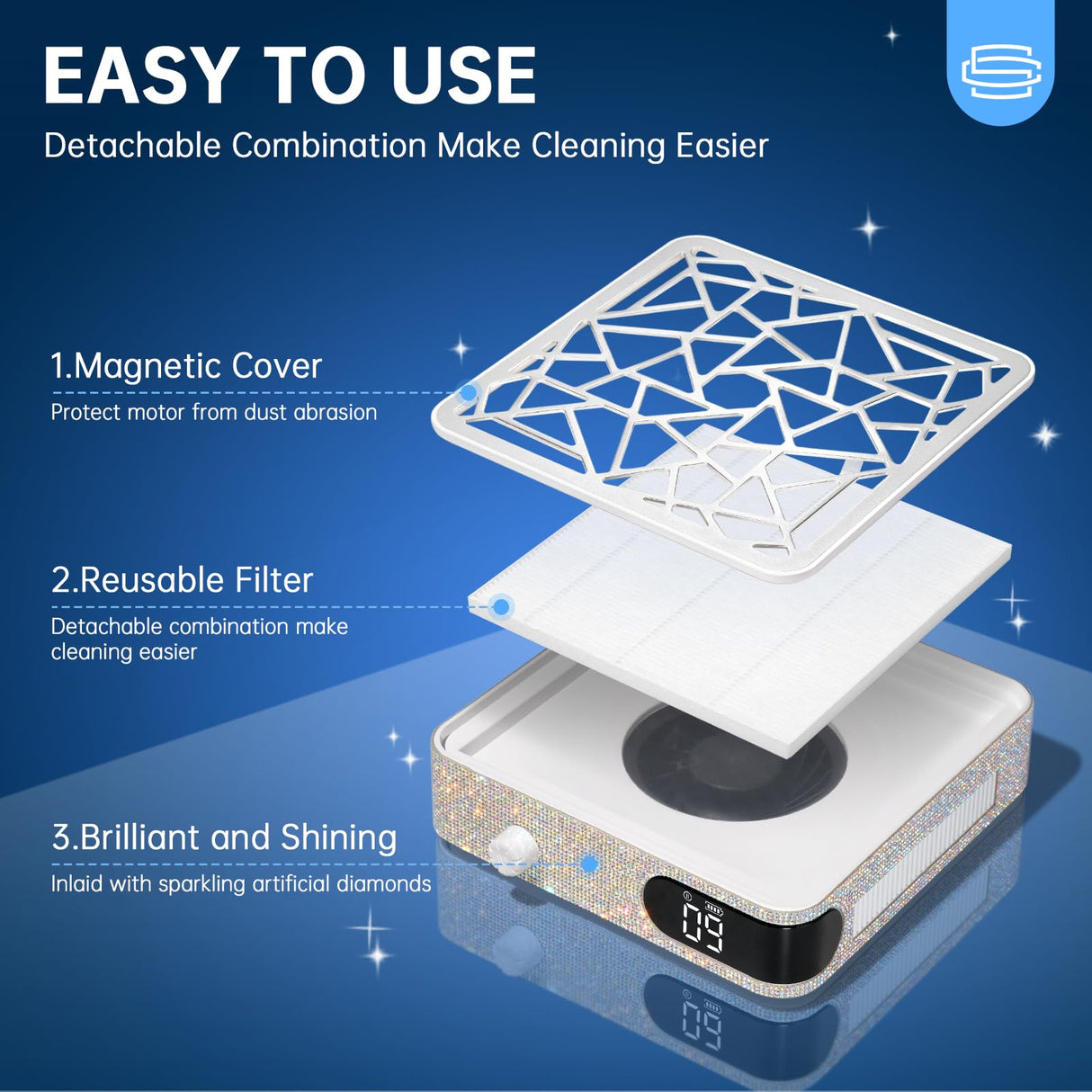 CHRISTINE SHELLY Nail Dust Collector, Powerful Vacuum Fan Vent Dust Collector Extractor Dust Suction Machine for Acrylic Nails Polishing, Nail Salon, White Diamond