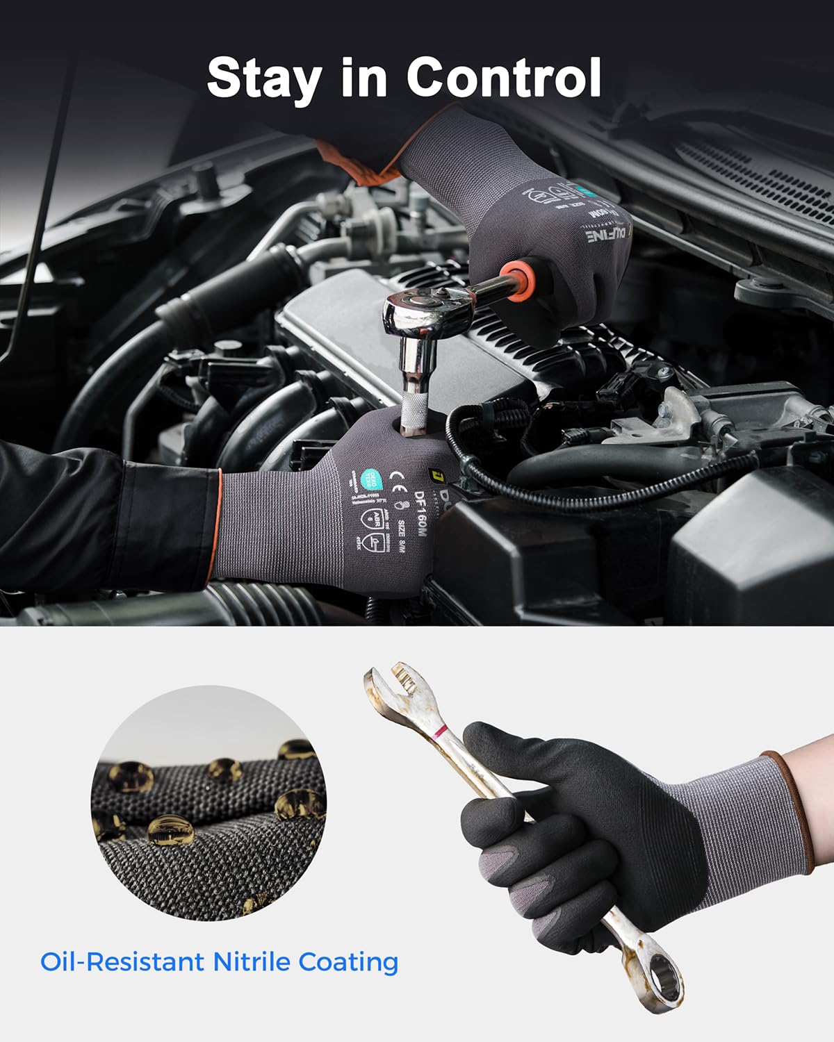 DULFINE Safety Work Gloves MicroFoam Nitrile Coated-12 Pairs Pack,Seamless Knit Nylon Glove with Black Micro-Foam Nitrile Grip,Ideal for General Purpose,Automotive,Home Improvement,Painting(Large)