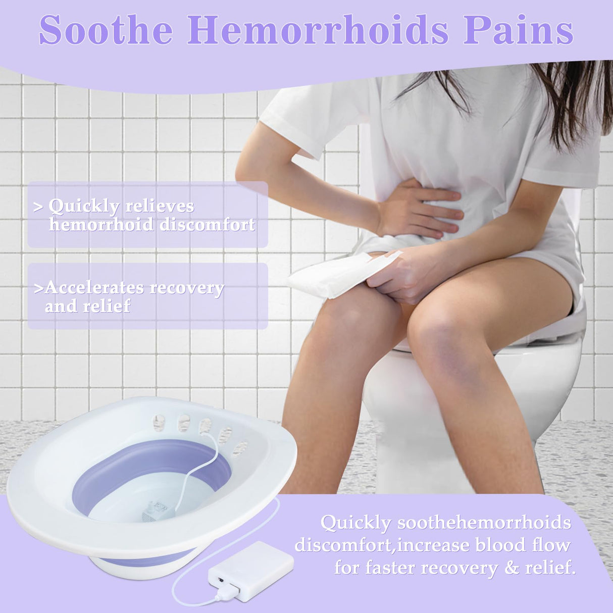 Electric Sitz Bath, Sitz Bath for Hemorrhoids, Sitz Bath for Toilet Seat, Sits Bath Kit for Women, for Soothes Hemorrhoids & Perineum, Automatic Flushing
