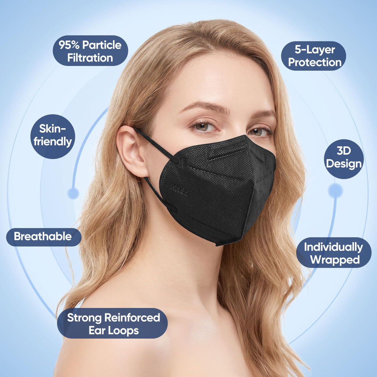 HiMask KN95 Face Masks 50 Pack Individually Wrapped 5-Layer Disposable Face Mask Black