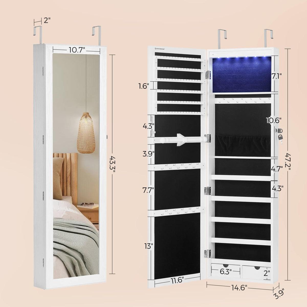 SONGMICS 6 LEDs Mirror Jewelry Cabinet, 47.2-Inch Tall Lockable Wall or Door Mounted Jewelry Armoire Organizer with Mirror, 2 Drawers, 3.9 x 14.6 x 47.2 Inches, White UJJC93W