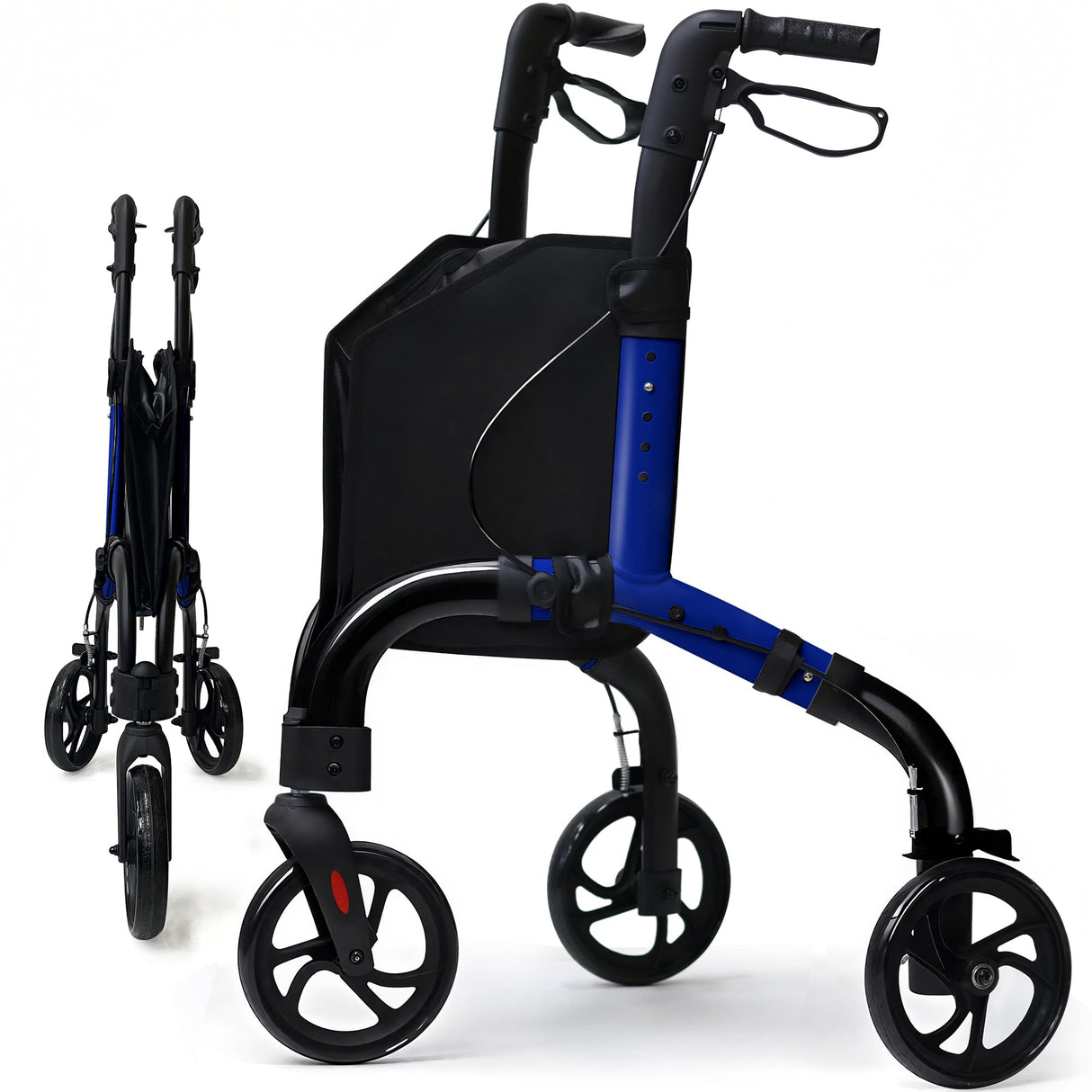 Premium 3 Wheel Rollator Walker for Seniors, Lightweight Foldable Elderly Three Wheeled Rollator with Storage Bag, Aluminum Mobility Aid Rolling Walker (Black & Blue)