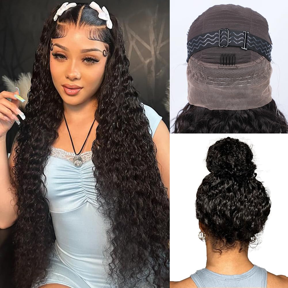Ebarly Hidden Strap Water Wave 360 Glueless Wigs Human Hair Pre Plucked Pre Bleached Human Hair Wig With Drawstring 180 Density Wet and Wavy HD Full Lace Front Wigs Human Hair 26 inch