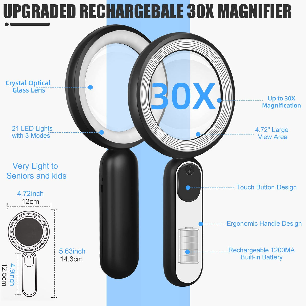 Rechargeable Magnifying Glass with Light, 30X 4.7IN Handheld Large Lightweight Lighted Magnify Len 21 LED 3 Modes Illuminated Book Magnifier forKids,Senior,Reading,Inspection,Coin,JewelryChristmasGift
