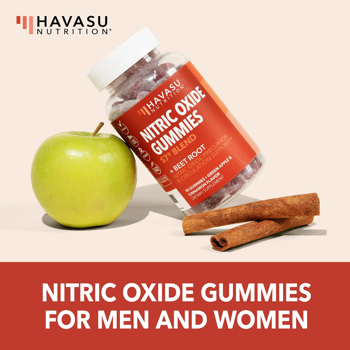 Nitric Oxide Gummies for Men and Women with L-Arginine and Beet Root - NO Gummies for Endurance and Recovery - 90 Count - Green Apple and Cinnamon Flavor - Vegan, Non-GMO, 1 Month Supply