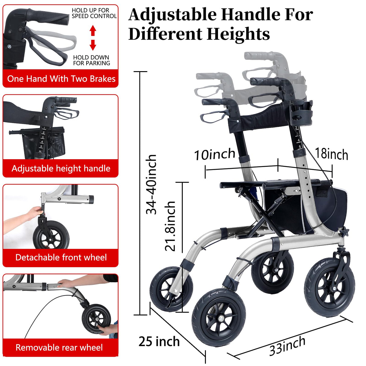 Henmnii Rollator Walker for Seniors, Lightweight Foldable All Terrain Rolling Walker with seat, Aluminum Walkers with 10 inch Rubber Wheels, Handles and Backrest for Seniors and Adult