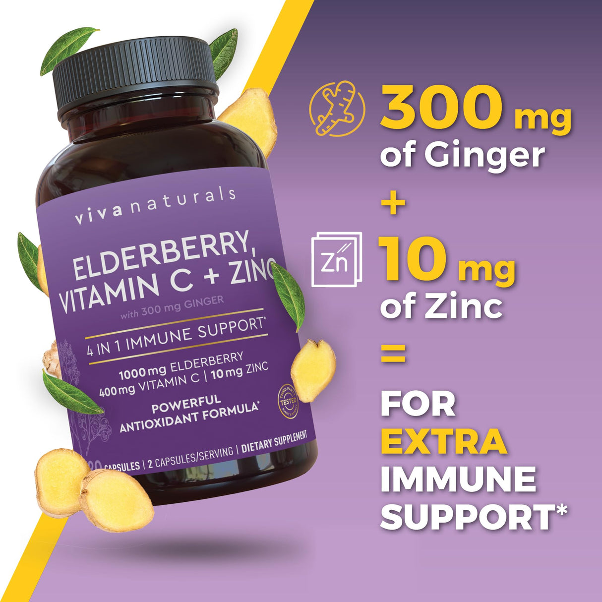 Viva Naturals Elderberry with Vitamin C and Zinc (120 Capsules) - 1000mg Sambucus Elderberry Immune Support Supplement, Black Elderberry Capsules for Adults, Elderberry Vitamins - 2 Months Supply