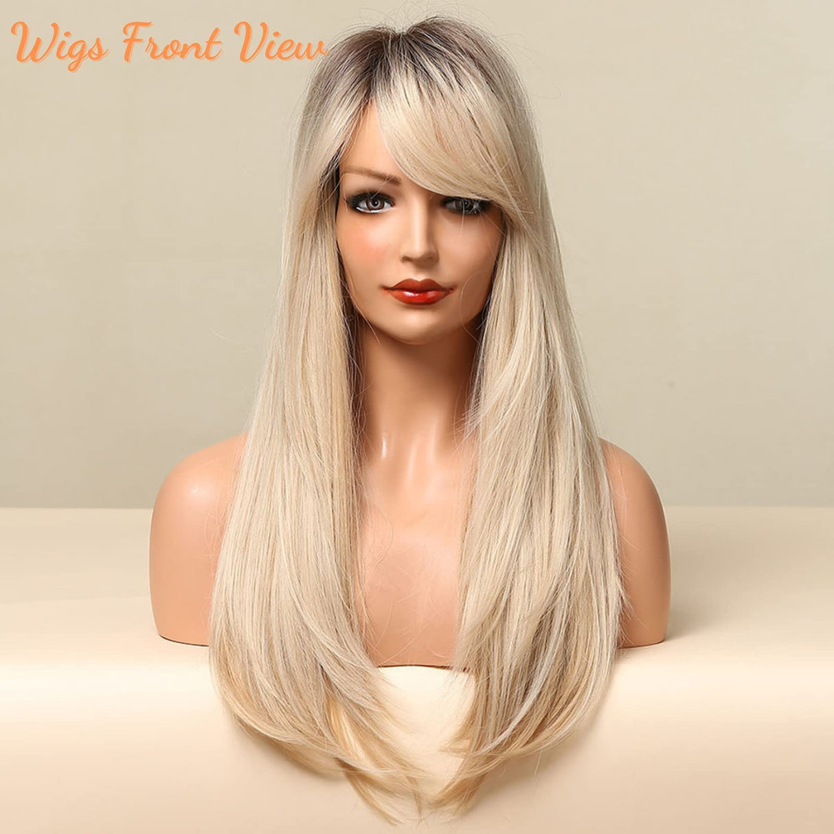 Honygebia Long Blonde Wig with Bangs - Ombre Dark Root Blonde Wigs for White Women, Striaght Wavy Synthetic Heat Resistant Hair, Natural Cute Wigs for Halloween/Christmas/Cosplay/Party