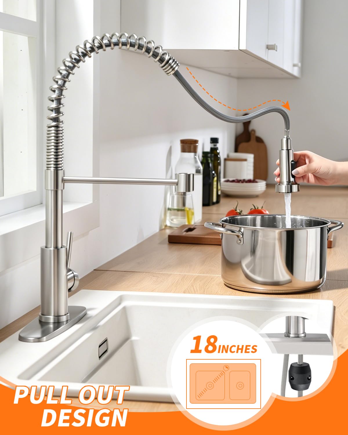 OWOFAN Kitchen Faucets, Brushed Nickel Kitchen Sink Faucet with Pull Down Sprayer Single Handle with Deck Plate Stainless Steel, Suitable for Farmhouse Camper Laundry Rv Bar - OWOFAN 9009SN