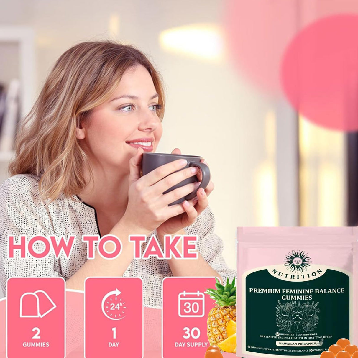 Premium Vital Nature Balance Feminine Gummies for Women's Sealed-1pack,Pineapple Feminine Gummies, Easy to Store, Help Unleash Confidence-60 Pieces