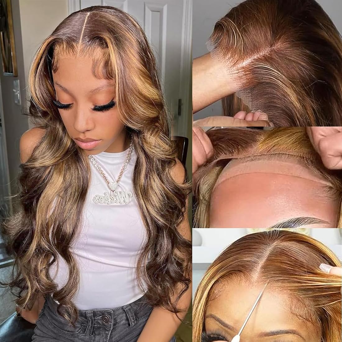 26 Inch Glueless Wigs Human Hair Pre Plucked Pre Cut Wear and Go 5x5 HD Lace Closure Wigs Human Hair Body Wave Wig P4/27 Honey Blonde Ombre Highlight Lace Front Wig Human Hair Wig 180% Density