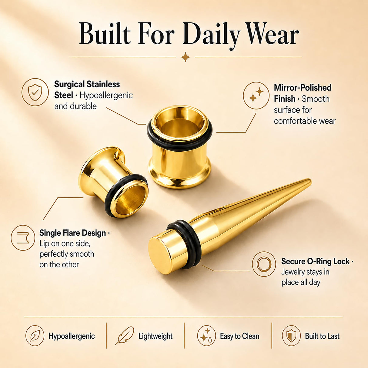 BodyJ4You 36PC Ear Stretching Kit - Complete Beginner Set Gauges for Ears 14G-00G - Goldtone Stainless Steel Tapers Single Flare Plugs Tunnels - Dead Stretching Lobe Men Women Expander Piercing