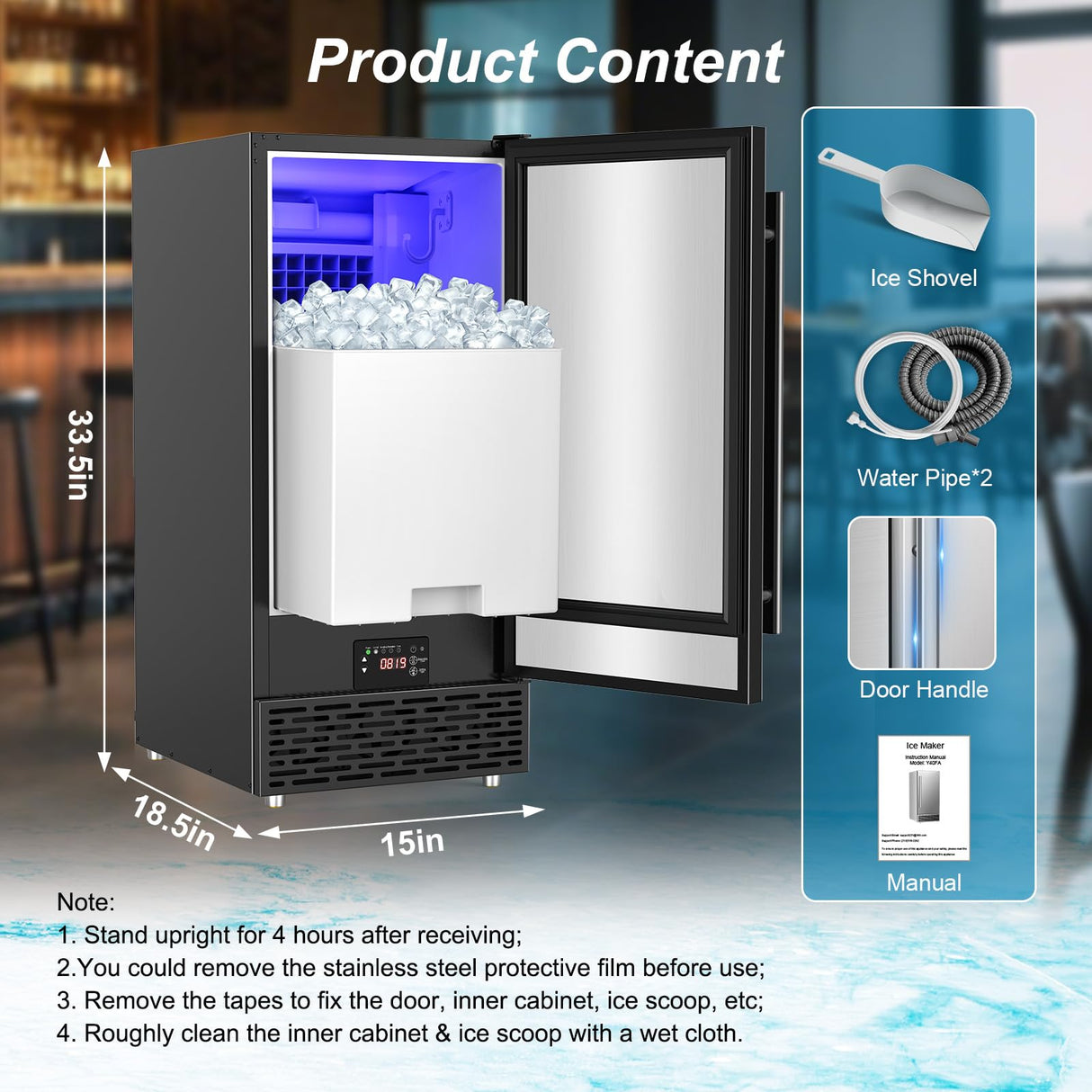 Commercial Ice Maker Machine 120 LBS/24H, 40 Ice Trays 60 LBS Cold Preservation Bin for 4-6 H, Freestanding Undercounter Ice Maker Stainless Steel, Ice Machine for Restaurant Bar Kitchen Cafe, Black