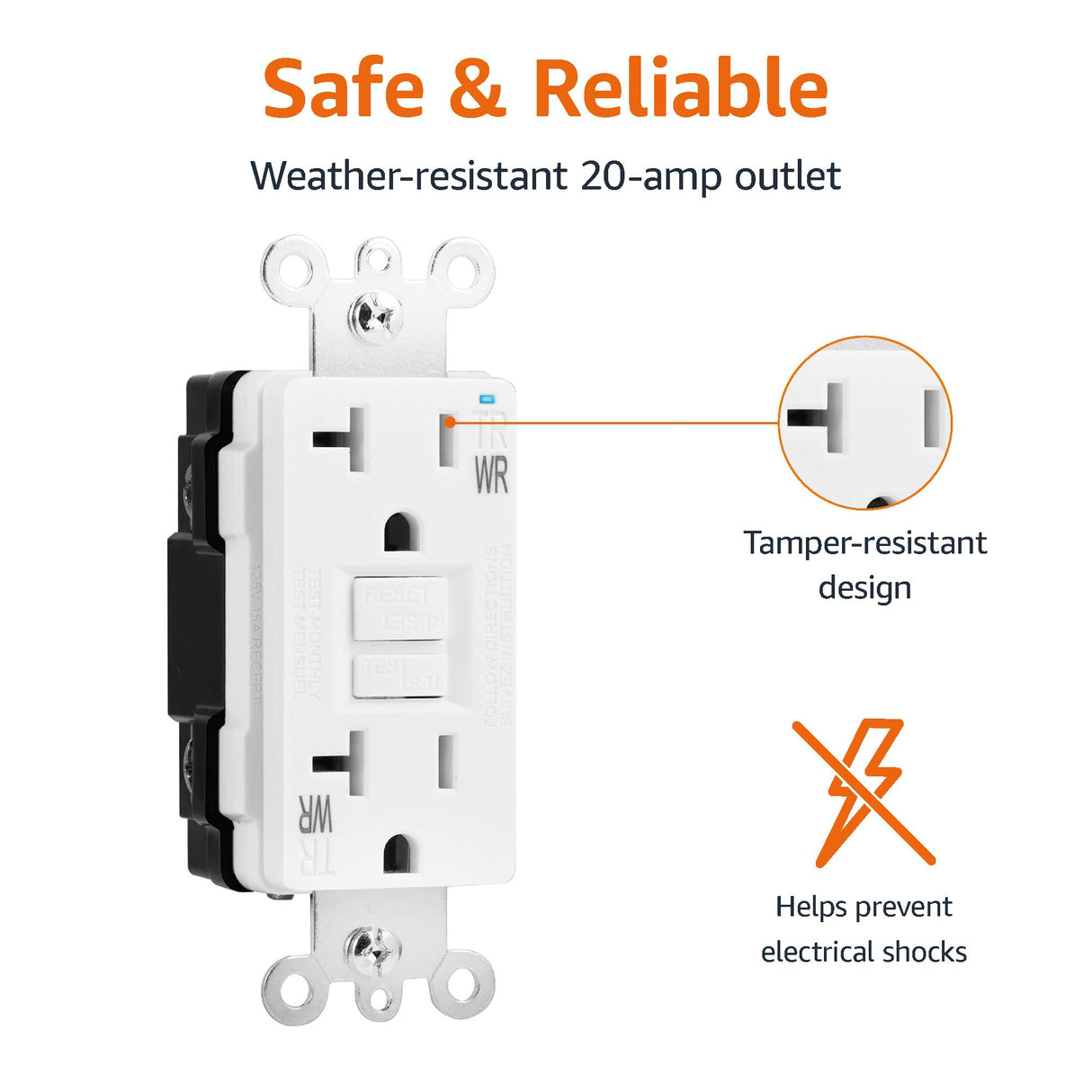 Amazon Basics Weather-Resistant Tamper-Resistant GFCI Receptacle with LED Indicator, Self-Test Feature, Ground Fault Circuit Interrupter for Indoor or Outdoor Use, 20 Amp, White