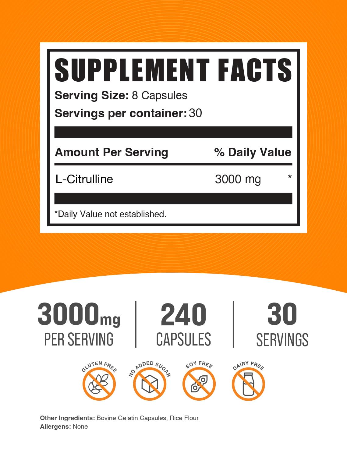 BulkSupplements.com L-Citrulline Capsules - Citrulline Supplement, L-Citrulline 3000mg Capsules - Citrulline Pills, Gluten Free - 8 Capsules per Serving, 240 Capsules (Pack of 1)