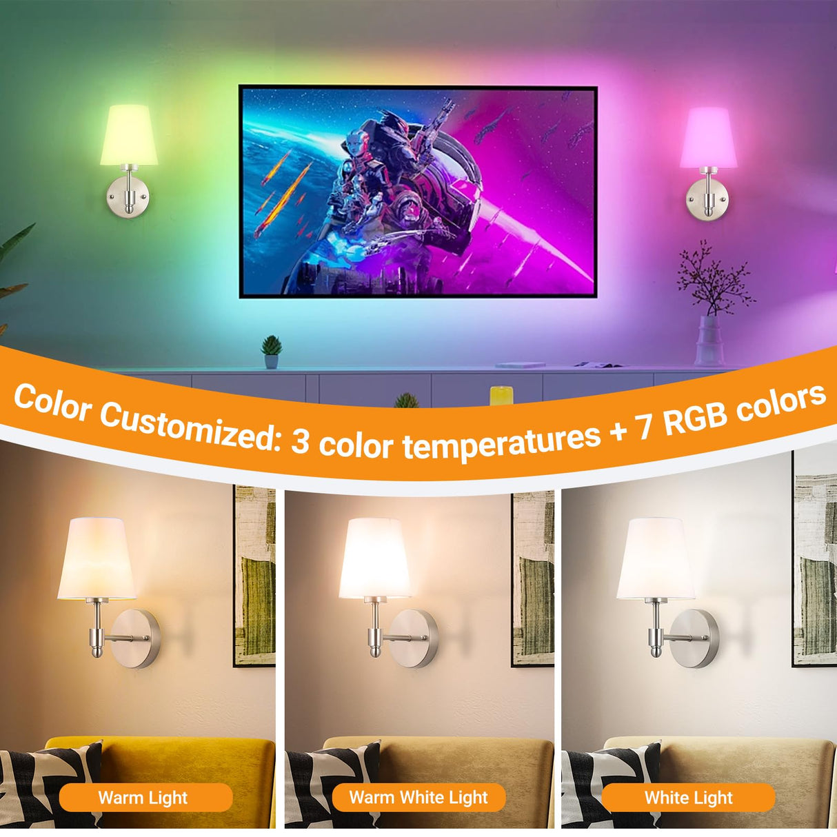 Battery Operated Wall Sconces Set Of 2, Wireless Battery Wall Light With 10000mAh RGB Rechargeable Magnetic Bulb, Rechargeable Wall Sconce With Remote Control For Bedroom, No Electrician Required