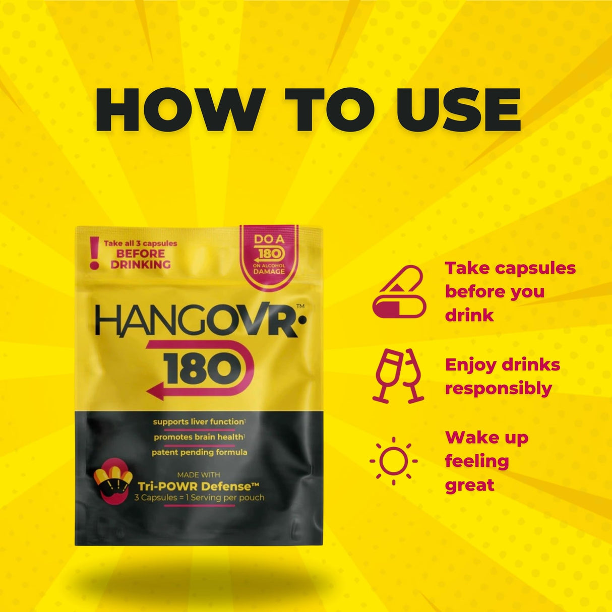 Hangovr 180 Tri-Power Before Drinking Defense 4 Pack - Support Liver & Brain Health, Feel Fresher & Better Energy - - Take Before Drinking for Relief, 3 Capsules per Pouch