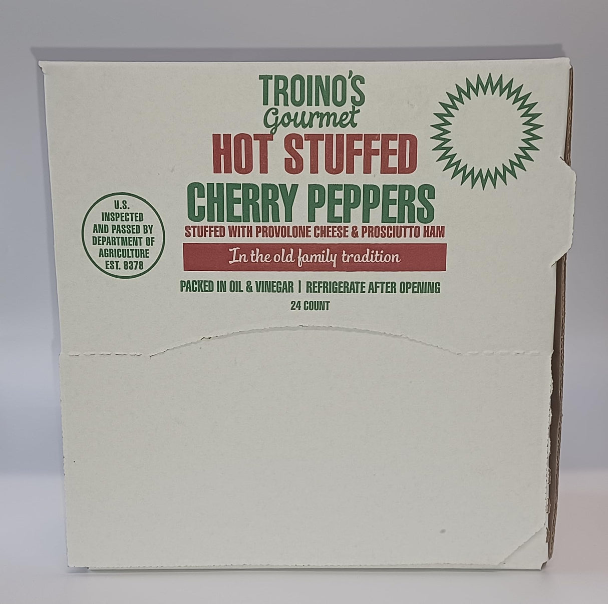 Troino's Gourmet Hot Stuffed Cherry Peppers with Prosciutto & Provolone (24 Individually Wrapped Hot Stuffed Singles in Counter Top Display Box)