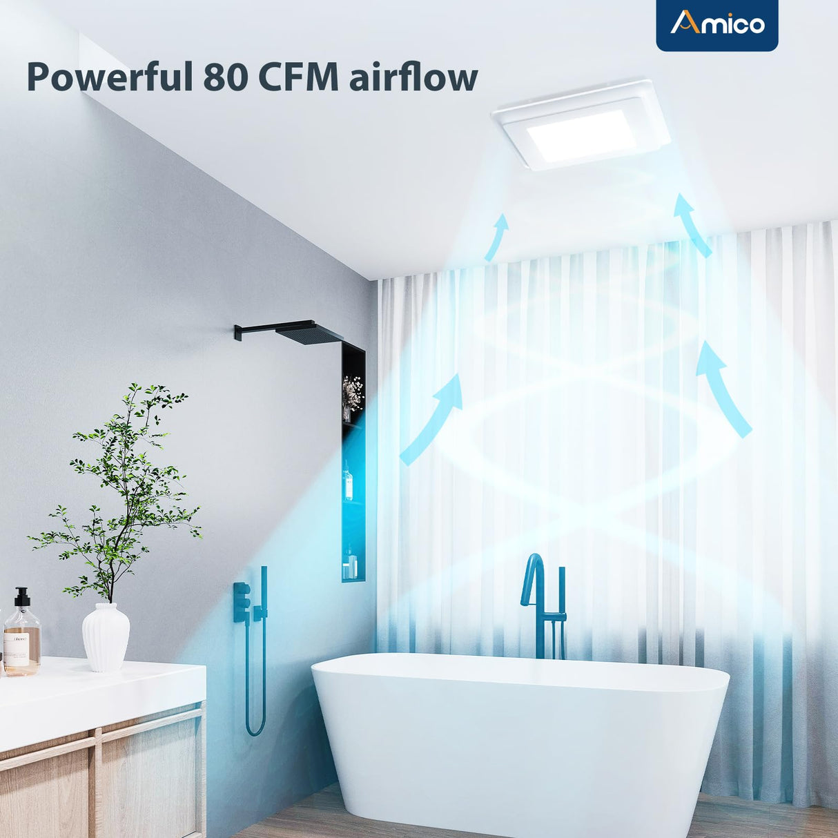Amico Bathroom Exhaust Fan with Light, 80 CFM, 0.9 Sones, 5CCT, Easy Retrofit without Attic Access, Adjustable Bathroom Fan with light, Quiet Operation, ETL & FCC Certified
