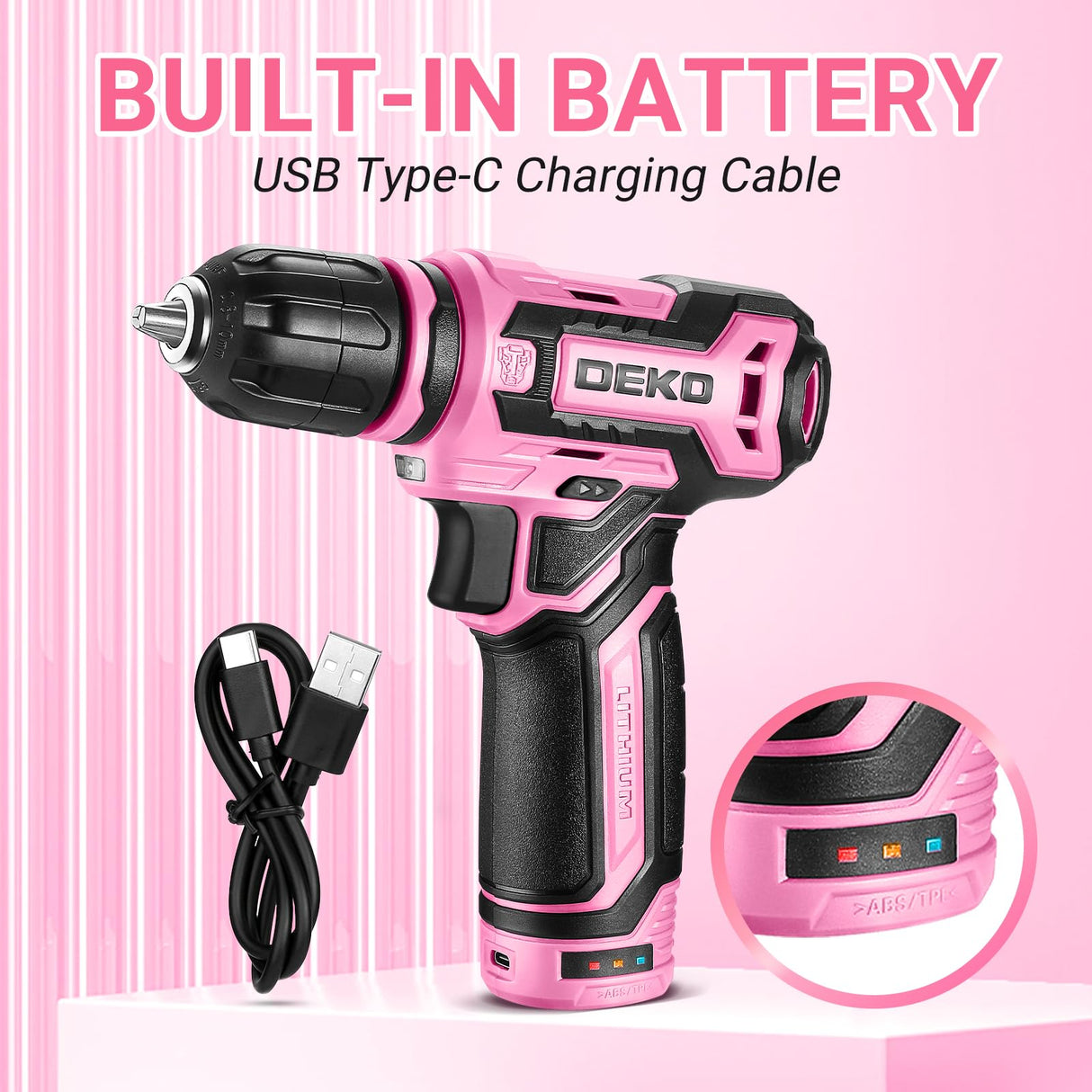 Cordless Drill:DEKOPRO 12V Power Drill Set with Pink 800RPM Electric Drills with Tool Set Gift Box, Pink Drill Set for Women