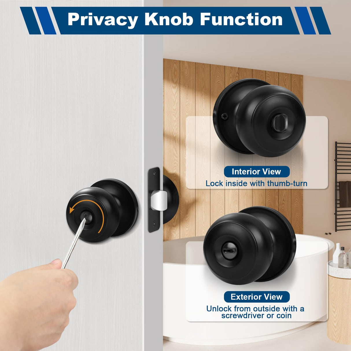 Estmoon 6 Pack Door Knobs, Matte Black Privacy Door Knob with Lock, Keyless Door Handle with Lock for Bedrooms/Bathrooms
