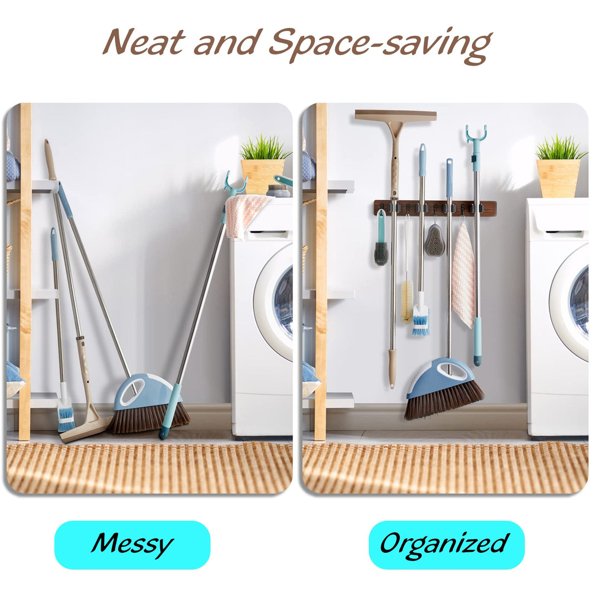 OUTNILI Mop and Broom Holder Wall Mount - Wood Broom Mop Hanger - Wall Mounted Garden Tool Rack Organizer for Closet Garage Laundry Room, Rustic Kitchen Decor With 4 Slots & 4 Hooks
