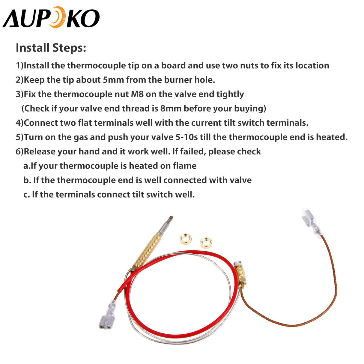 Aupoko Patio Heater Thermocouple, Outdoor Propane Gas Patio Heater Replacement Parts, M8 x 1 End Connection Nuts Thermocouple 410 mm Length M6 x 0.75 Head Thread with 6.3 MM/0.25'' Flat Terminal