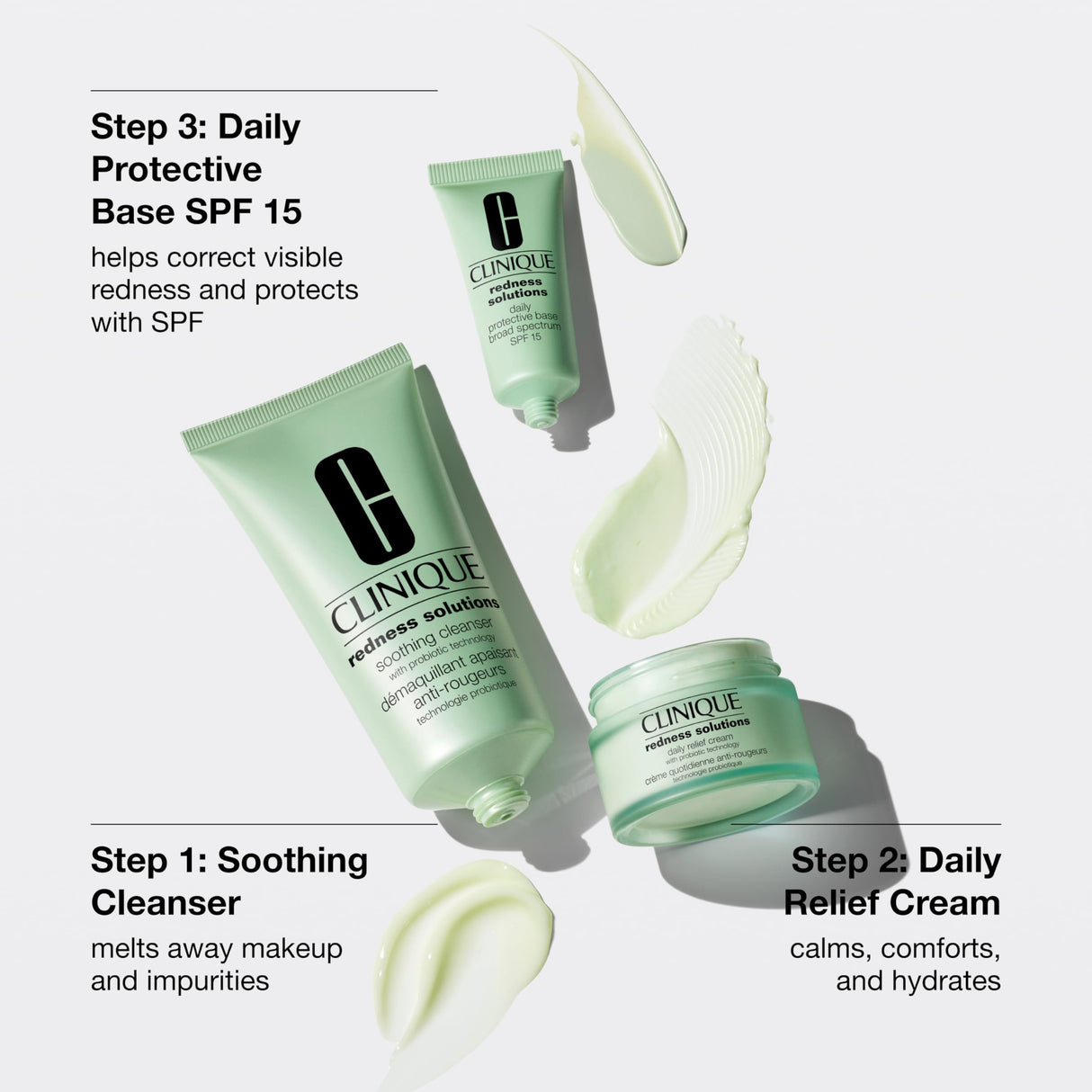 Clinique Redness Solutions Redness Regimen Skincare Set | Soothing Cleanser, 2.5 Fl Oz | Daily Relief Cream, 1 Fl Oz | Daily Protective Base Broad Spectrum SPF 15, 0.5 Fl Oz