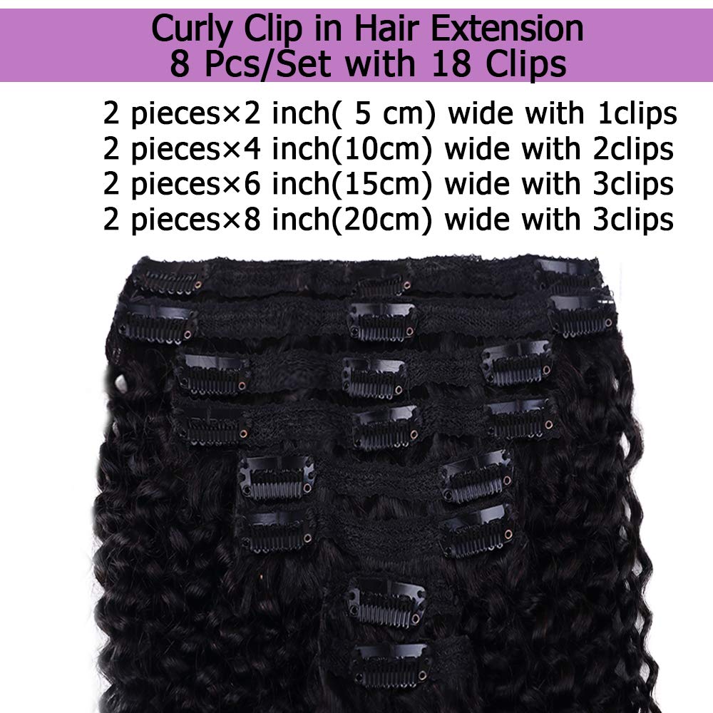 Curly Clip In Extension Human Hair 3C 4A Kinky Curly Clip Ins Full Head for Black Women Brazilian Remy Human Hair Natural Color 8Pcs with18clips 120g/Set (20 inch, curly wave)