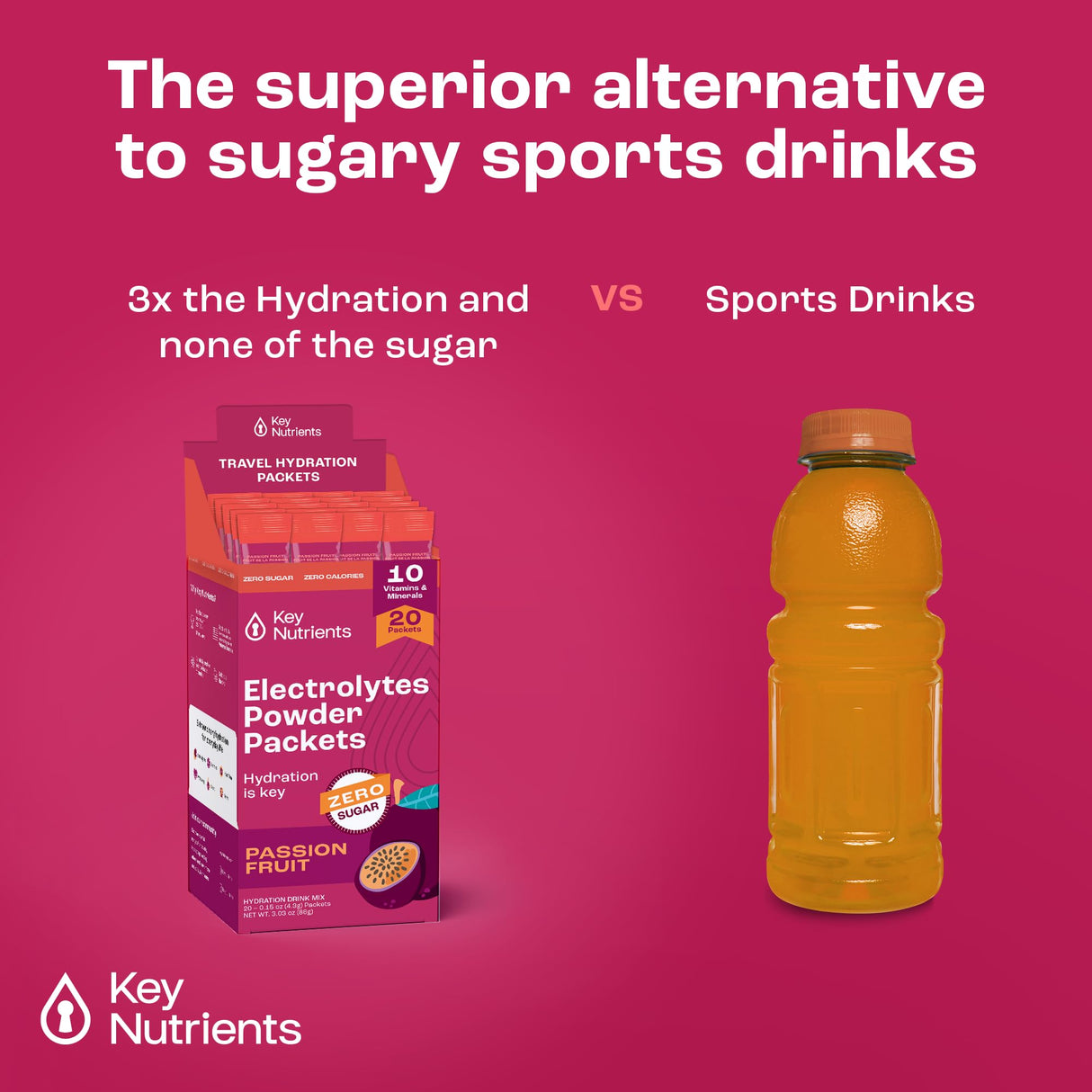 KEY NUTRIENTS Multivitamin Electrolytes Powder Packets - Delicious Passion Fruit 20 Pack Hydration Packets - Travel Hydration Powder - No Sugar, No Calories, Gluten Free - Made in USA