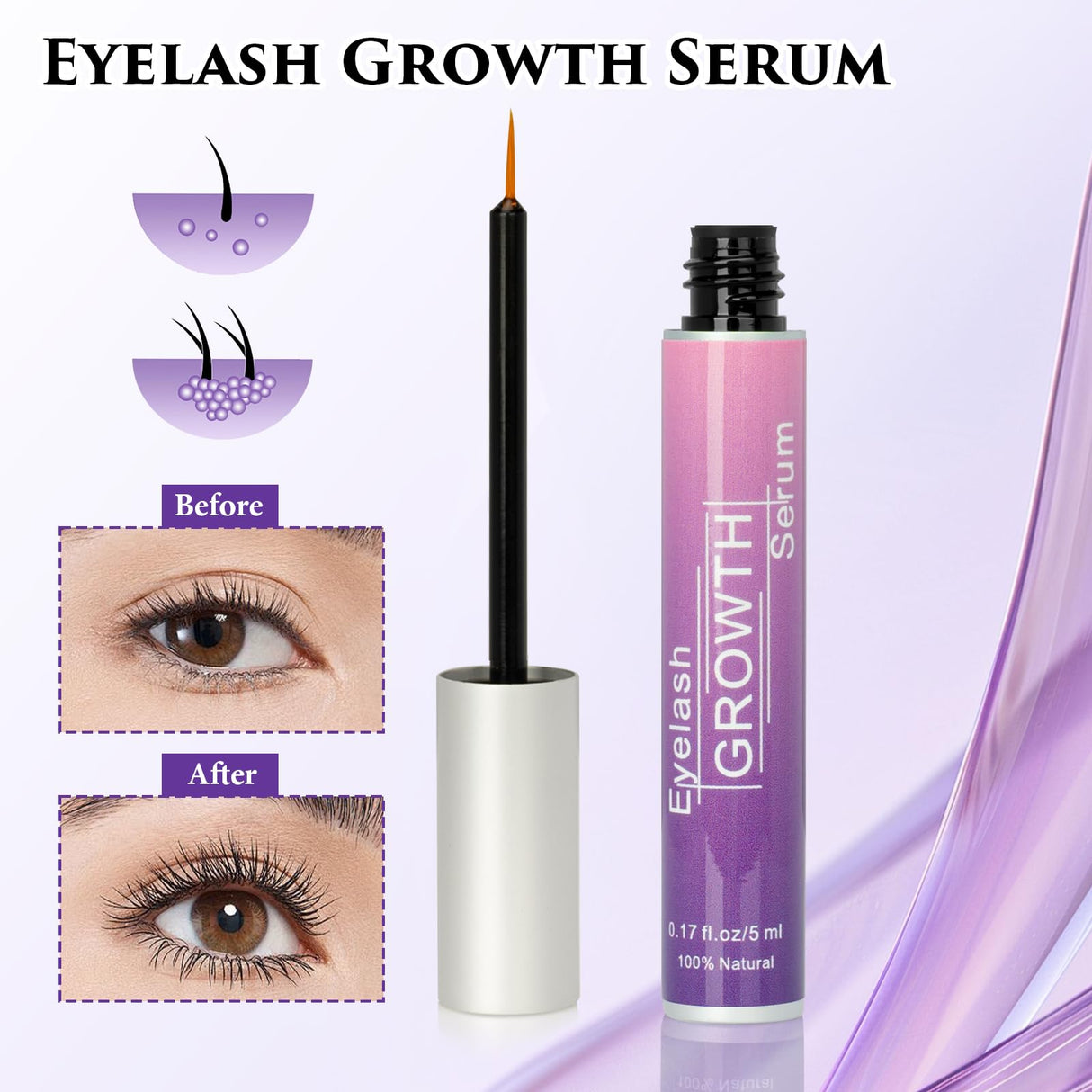 Premium Eyelash Growth Serum, Eyebrow Growth Serum, 18 Plant Extracts for Advanced Lashes Enhancer Longer, Fuller and Thicker, Natural Beauty Enhancement(5ml)