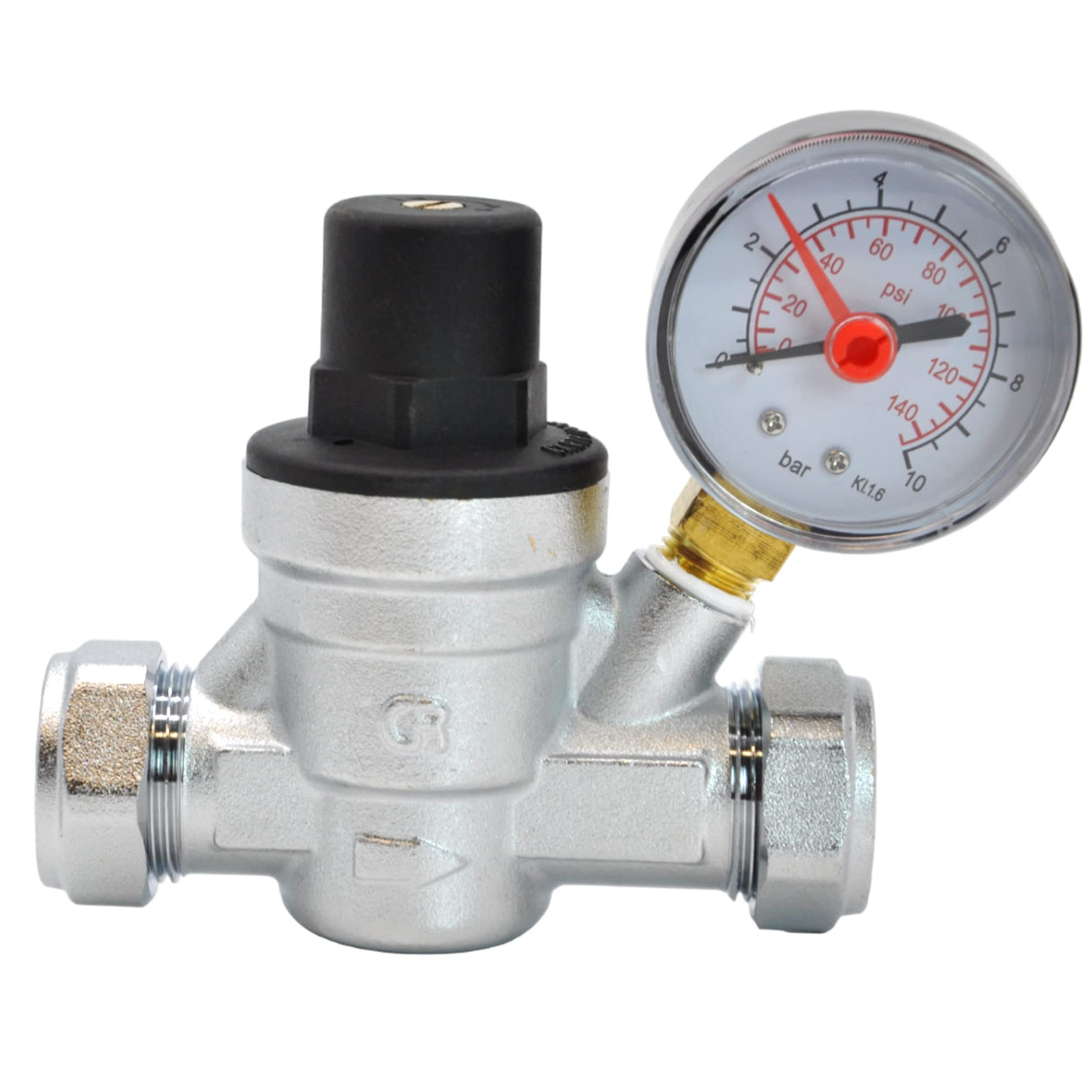 Kudos-Trading - Water Pressure Reducing Regulator Valve for 22mm Compression & 15mm Copper Piping Adjustable 1-6 Bar Brass Adjustable Pressure Reducing Valve with Gauge.