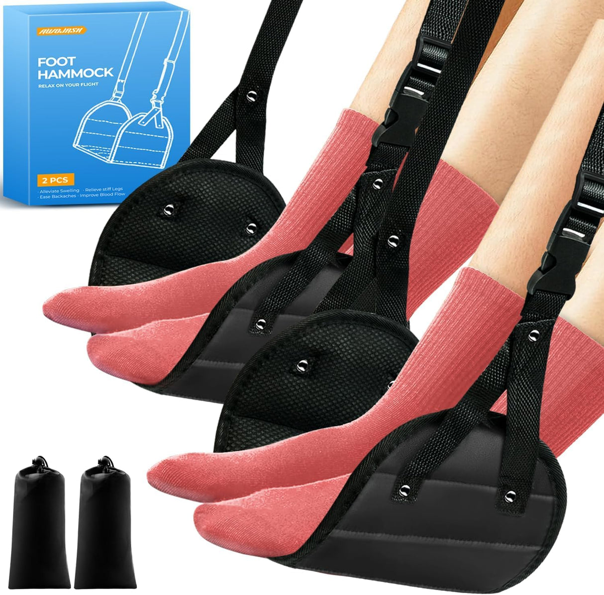 2-Pack Airplane Foot Hammock, Portable Leg Rest with Removable Cushion, Ergonomic Support for Travel, Car & Home