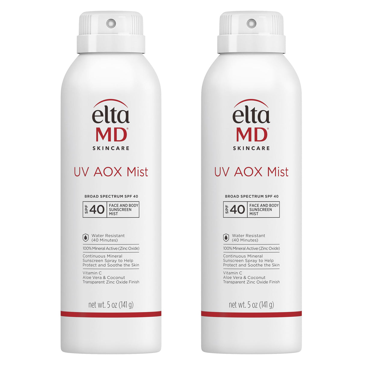 EltaMD UV AOX Mist Mineral Sunscreen Spray, SPF 40 Spray Sunscreen for Face and Body, Zinc Oxide Formula with Antioxidants, 5 oz Bottle (Pack of 2)