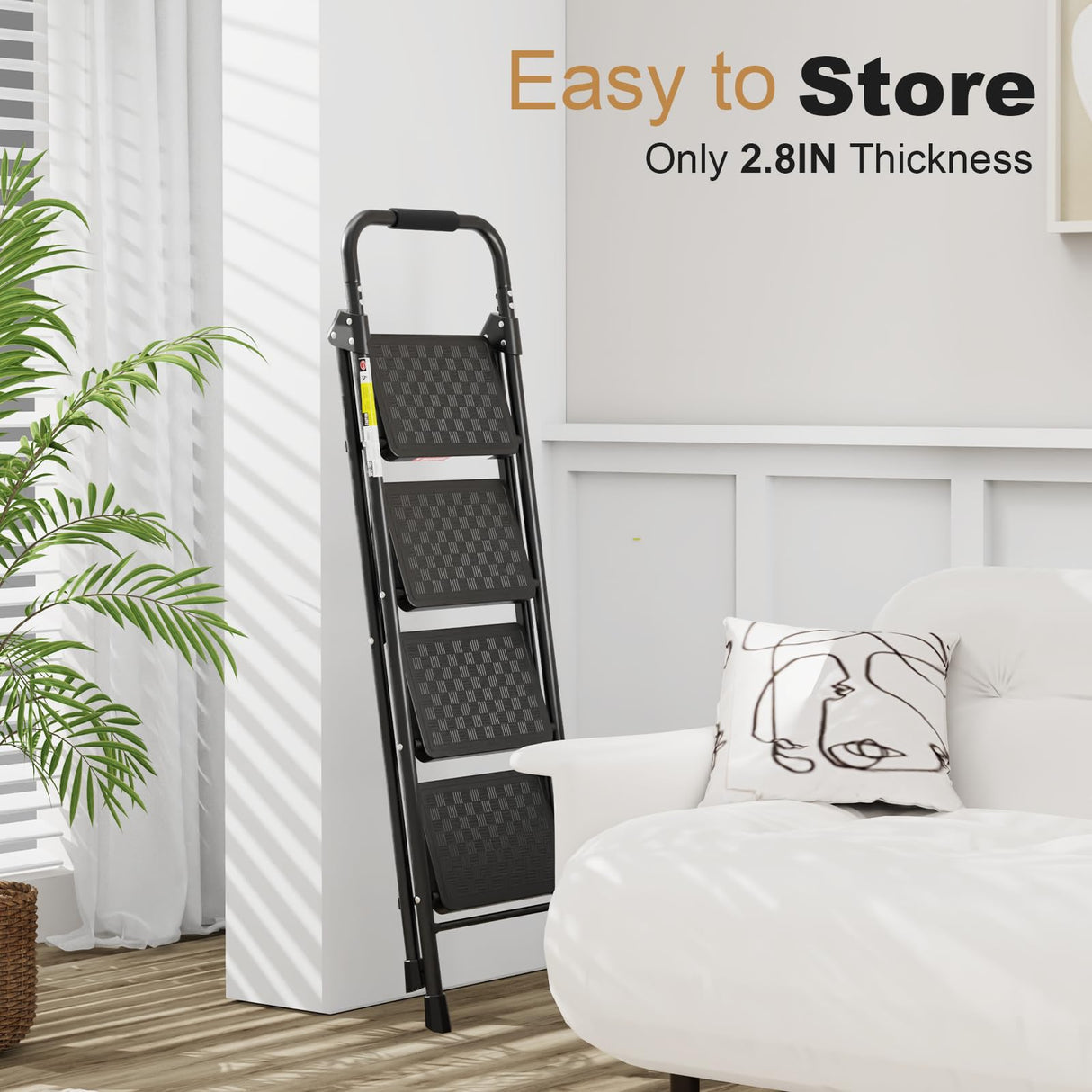 HBTower Step Ladder, 4 Step Ladder for Adults with Wide Anti-Slip Pedal, Step Stool Foldable with Cushioned Handle, 330 Capacity for Home and Kitchen, Black