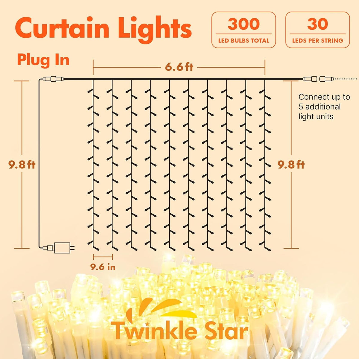 Twinkle Star 300 LED Curtain String Lights, Warm White