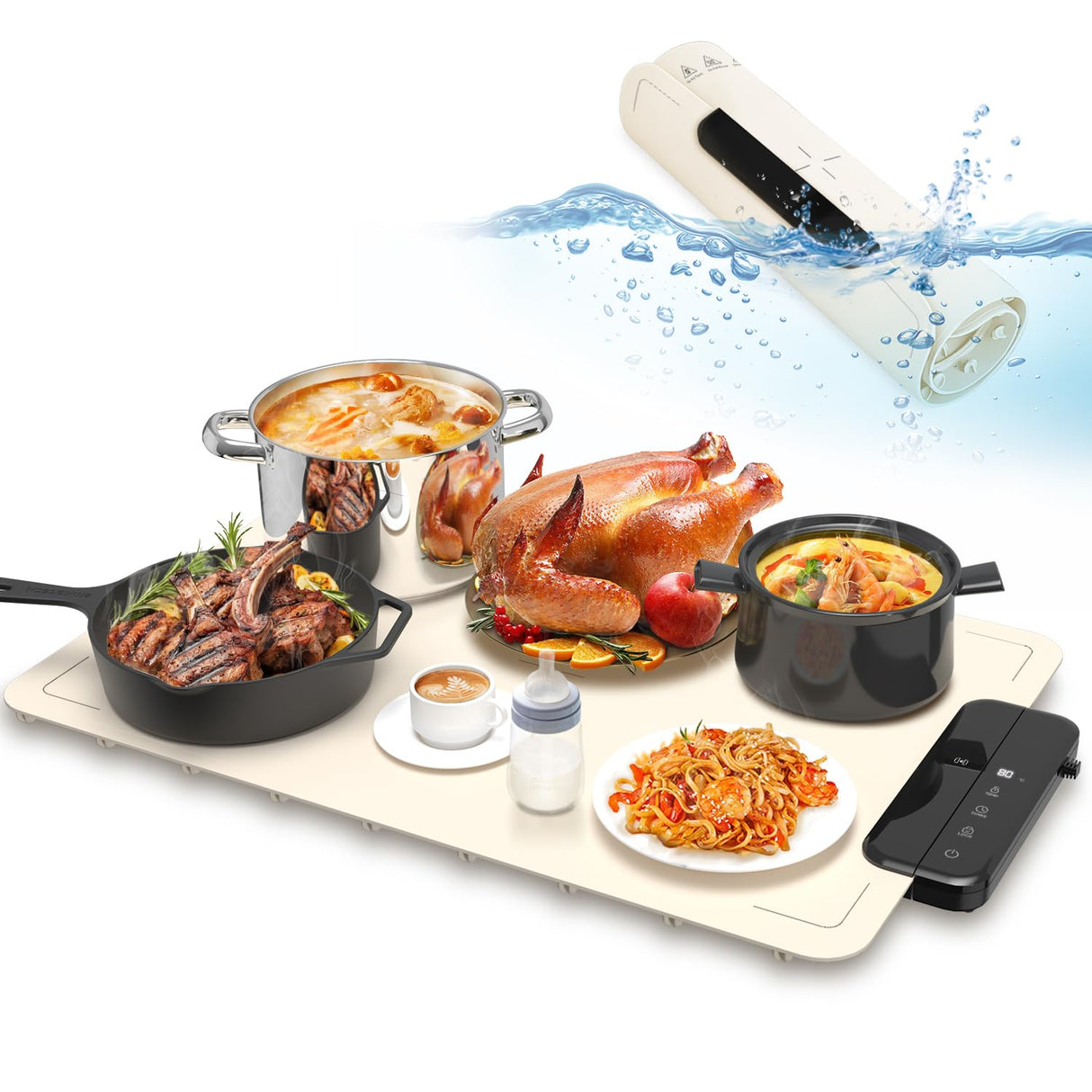 Electric Warming Mat for Food, ZAPLIT 24''x16 Washable Silicone Warming Tray with 6 Temp Settings, 6 Timers, Child Lock, and Auto Standby — Food Warmer for Buffet, Family Gathering, and Party (Beige)