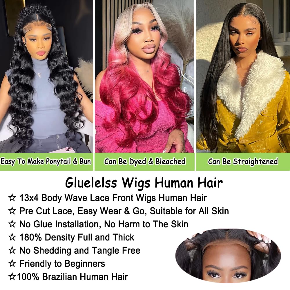 JIELIFA 28 Inch Glueless Wigs Human Hair Pre Plucked Pre Cut 180% Density Wear and Go Glueless Wig 13x4 HD Body Wave Lace Front Wigs Human Hair for Women Frontal Wig with Baby Hair