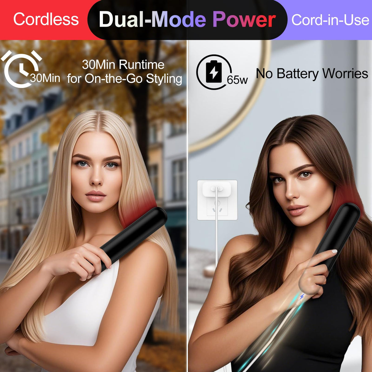 Cordless Hair Straightener Brush with 6500mAh Fast Charge Dual Mode (Cord-in-use & Cordless), 200 Million Negative Ions Portable Travel Straightener, 30s Heat-Up Mini Hair Straightening Comb for Woman