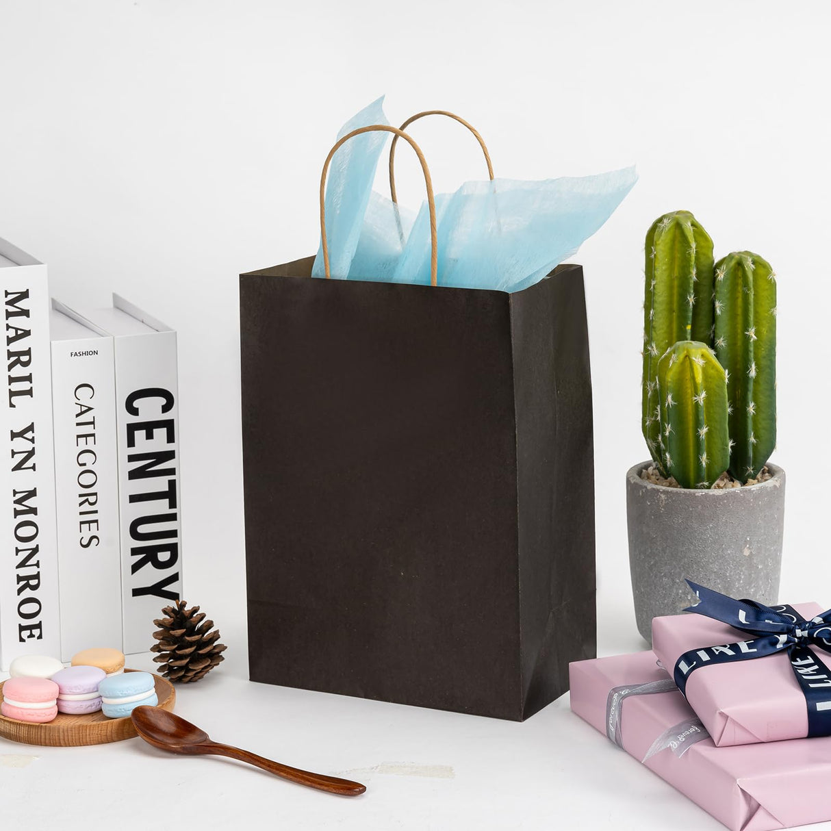 100 Pack Black Kraft Paper Bags 8x4.5x10.8 Inches Gift Bags with Handles Bulk, Paper Shopping Bags for Party, Wedding, Retail, Christmas, Birthday, Business, Restaurant, Takeout