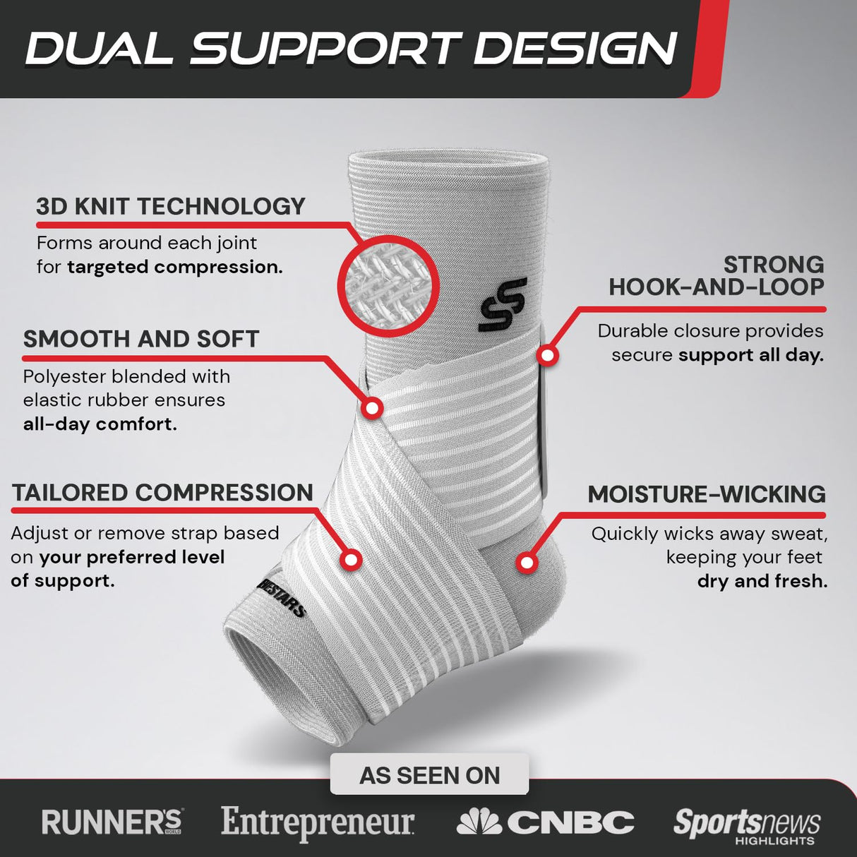 Sleeve Stars Ankle Brace for Women & Men, Ankle Wrap for Sprain, Compression Sleeve for Plantar Fasciitis Relief, Easy Customizable Support: w/ Removable Strap (Single/M:10"-12"/White)