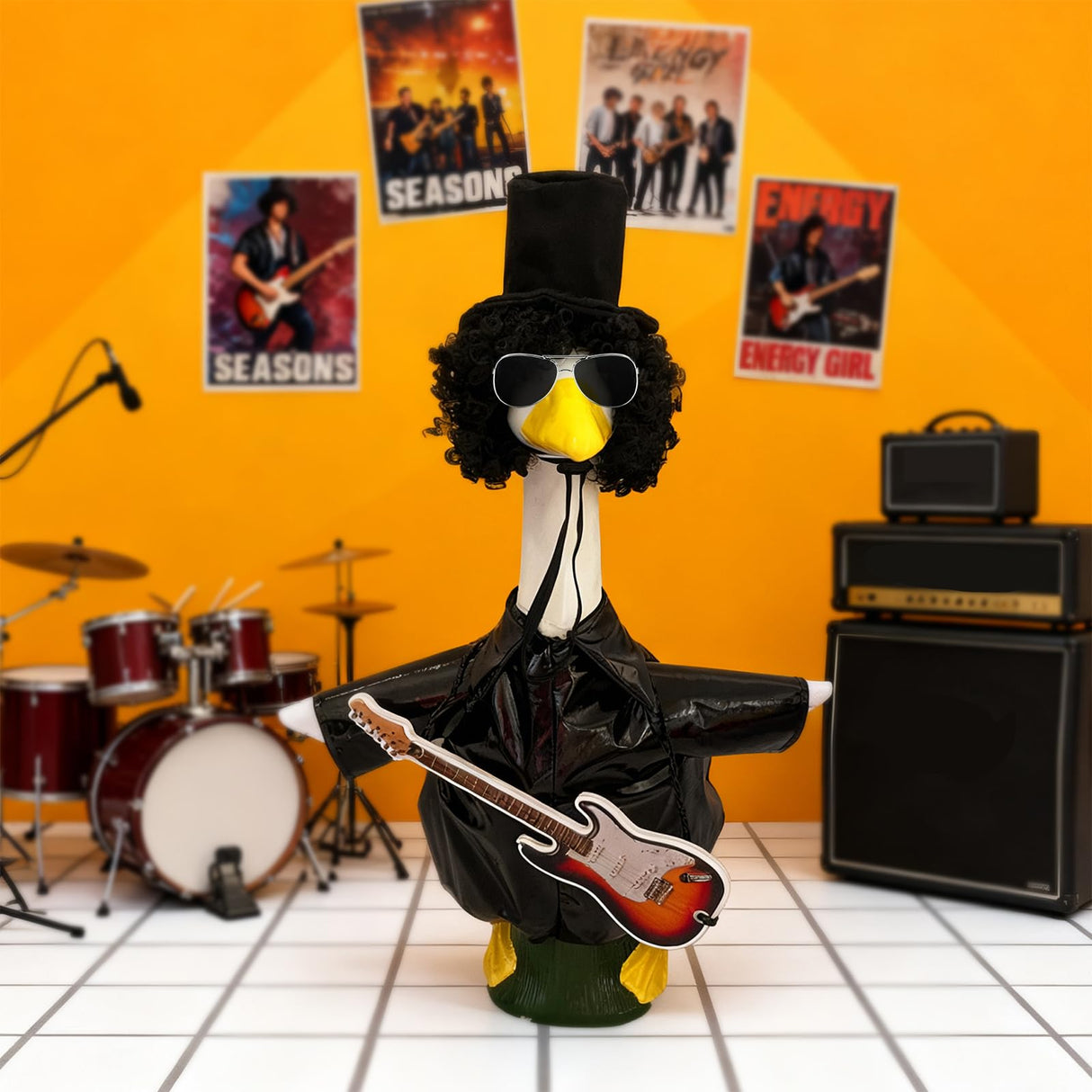 JarThenaAMCS Rock and Roll Porch Goose Outfit Set 80s 90s Hip Hop Goose Costume Dresses Clothes with Guitar Sunglasses Wig Hat Fits 23'' for Yard Lawn Outdoor Garden Decor