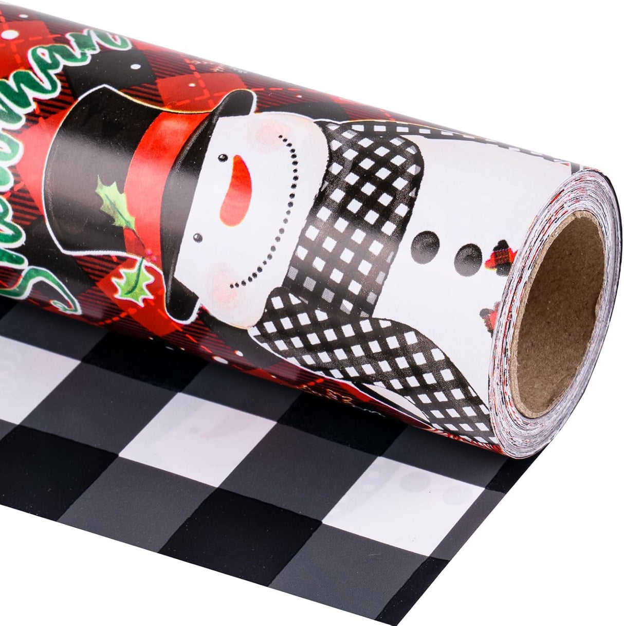 LeZakaa Christmas Wrapping Paper Jumbo Roll, Snowman & White Black Buffalo Plaid Xmas Reversible Design, Holiday Party Gift Wrap for Kids Boys Girls, 30 in x 32.8 Ft