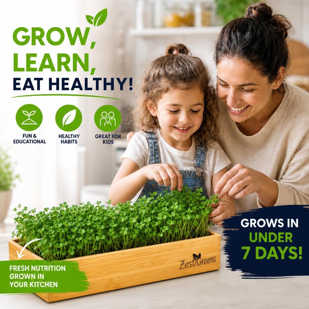 Organic Self-Watering Microgreens Growing Kit – Reusable Indoor Grow Tray with Organic Seeds, Grow Mats & Bamboo Frame – Easy No-Soil Microgreens Starter Kit (Broccoli & Salad Mix)