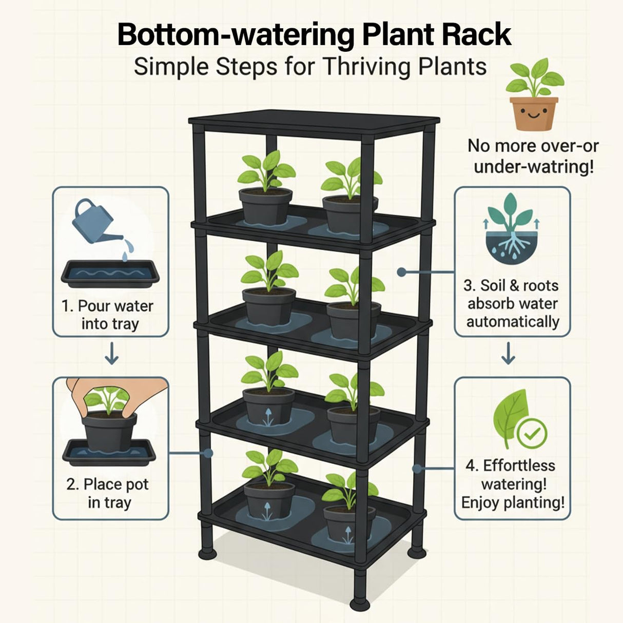 RooTrimmer 5-Tier Seed Starter Trays, Plant Stand, with Bottom-Watering Design– Reinforced Thickened Shelf for Small Pots, Balcony/Indoor Seed Starting & Greenhouse, Black