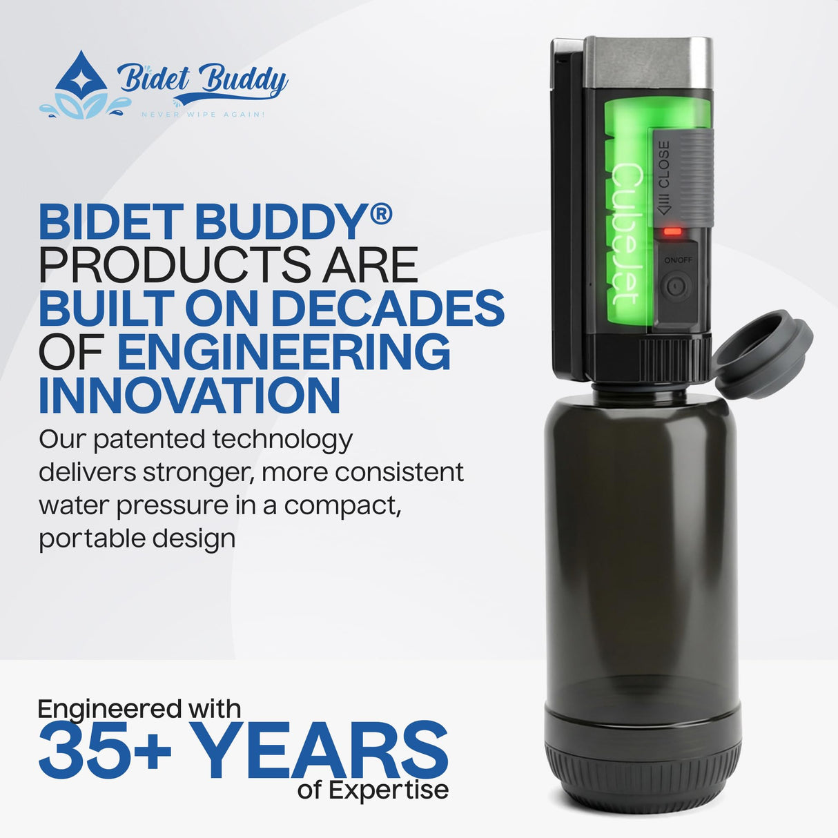 BIDET BUDDY® CubeJet Portable Bidet for Travel - 380ml Bottle, 1100mAh Rechargeable Battery, IPX6 Waterproof Wand-Style Nozzle, USB-C High-Pressure Hygiene Device for Camping & Home