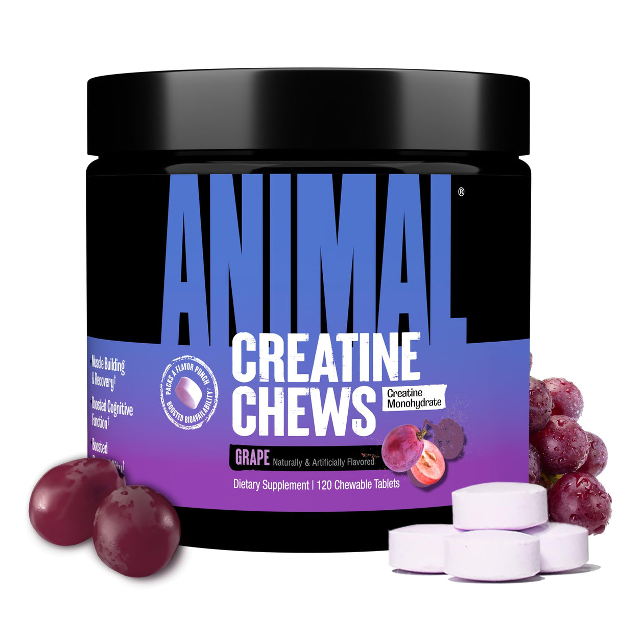 Animal Creatine Chews Tablets - Enhanced Creatine Monohydrate with AstraGin to Improve Absorption, Sea Salt for Added Pumps, Delicious and Convenient Chewable Tablets - Grape