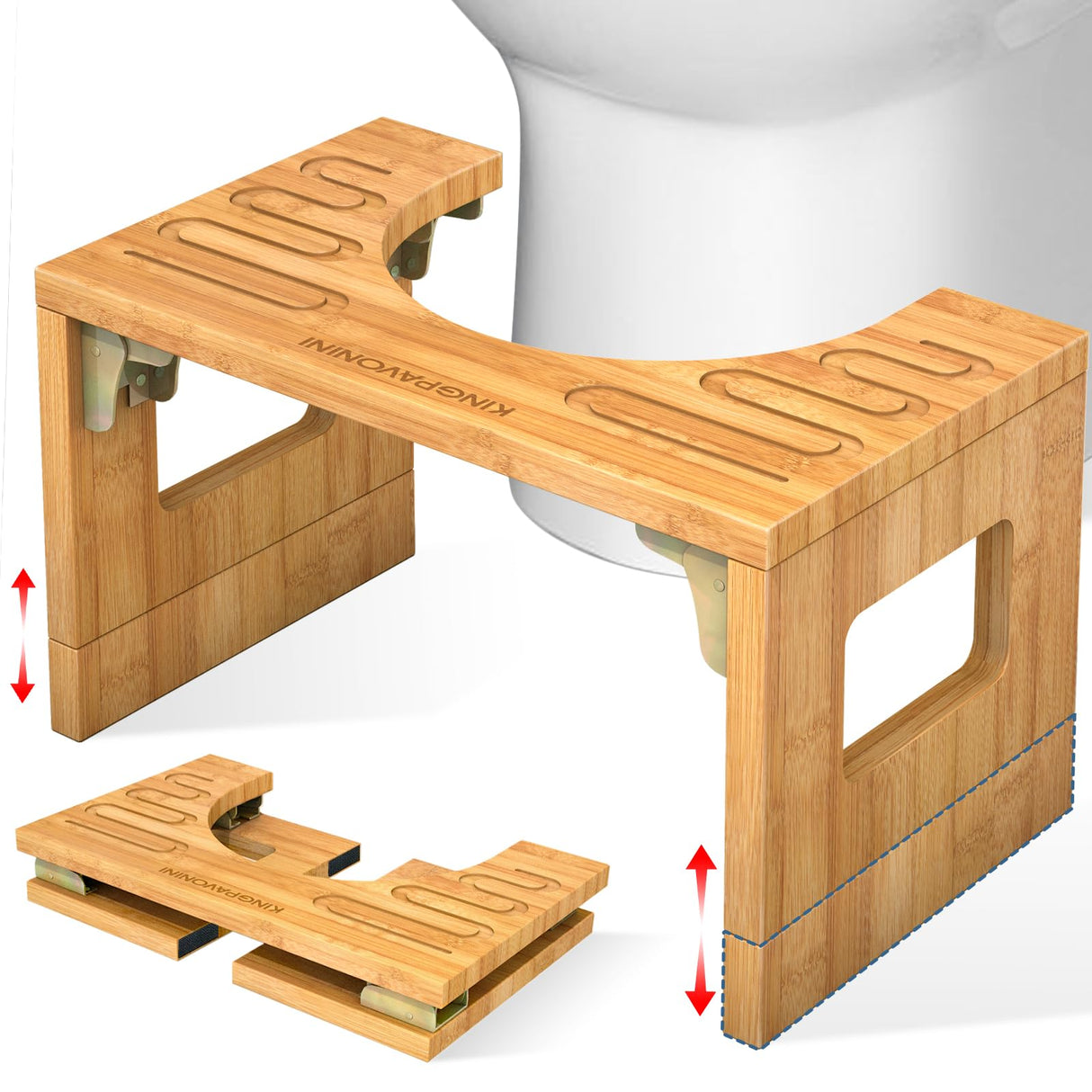 KingPavonini Bamboo Toilet Stool Squat 7in & 9in Adjustable Heights, Foldable Potty Stool for Adults with Non-Slip Layer to Improve Bathroom Posture and Comfort, 400 lbs Capacity