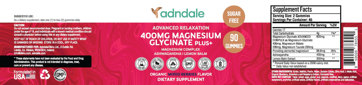 Adndale 90 CT Magnesium Glycinate 400 mg Gummies with Ashwagandha, Magnesium Malate & Taurate, Sugar Free Magnesium Gummies for Adults & Kids.