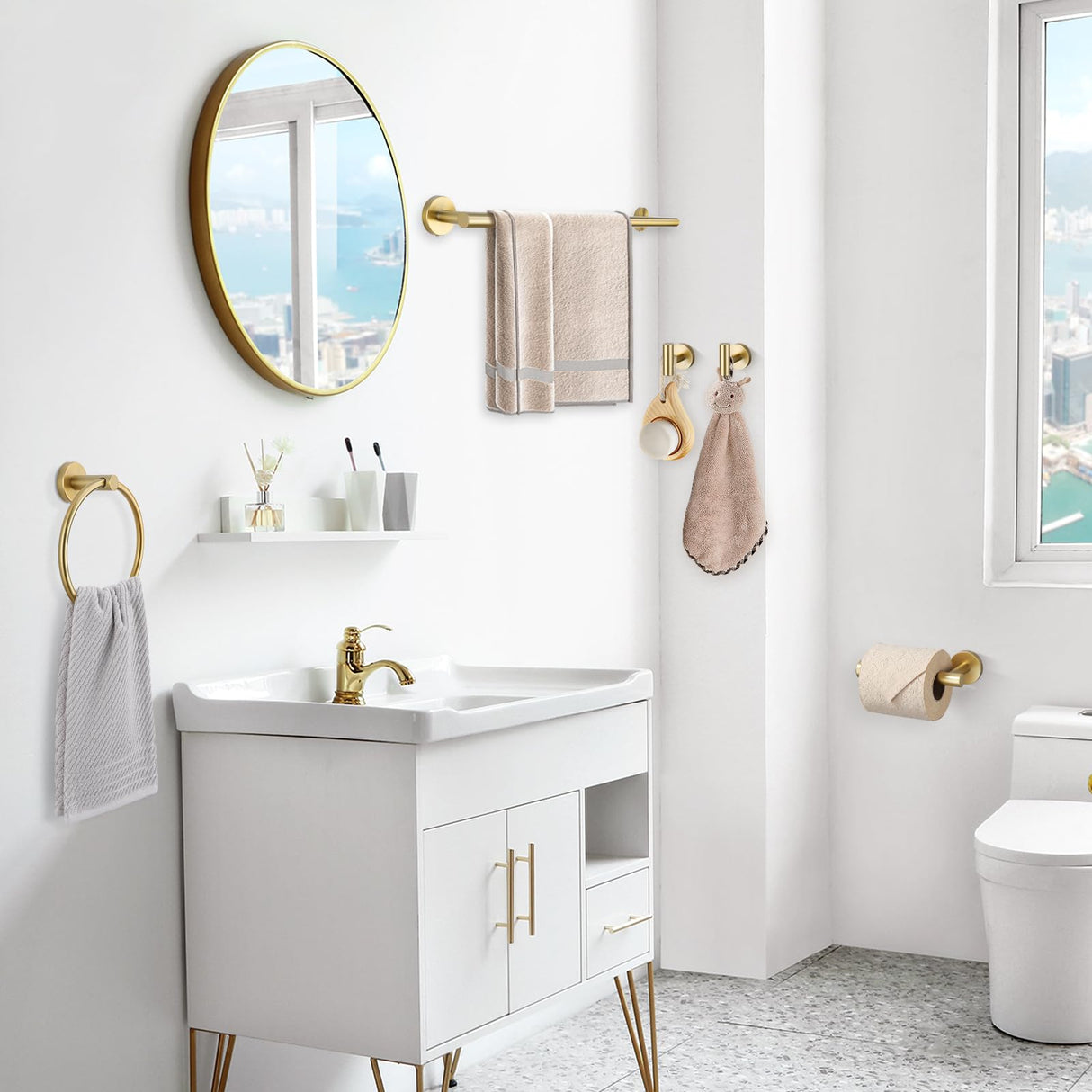 TQKAG 5 Piece Bathroom Accessories Set Brushed Gold Bathroom Hardware Set 23.6 Inch Bath Towel Bar Set SUS304 Stainless Steel Towel Rack Set